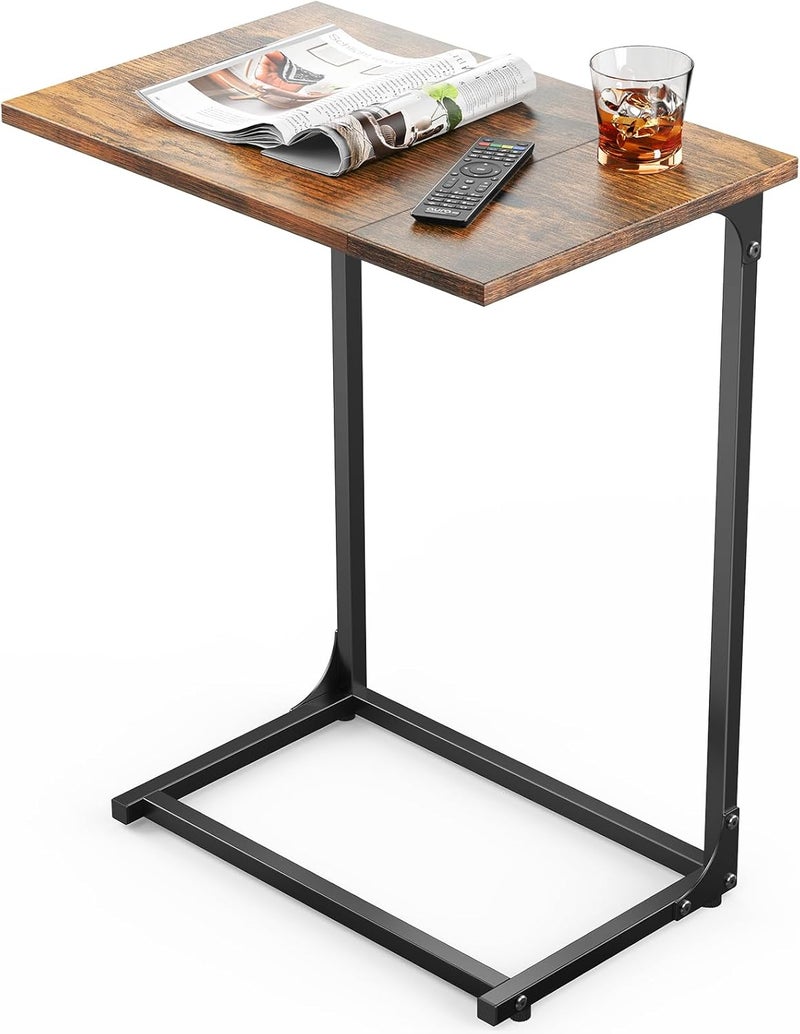 Pipishell C-Shaped Side Table, C Table for Sofa with Two-Piece Desktop & Metal Frame, Large Surface End Table for Living Room, Bedroom, Bedside, Rustic Design - Image 1